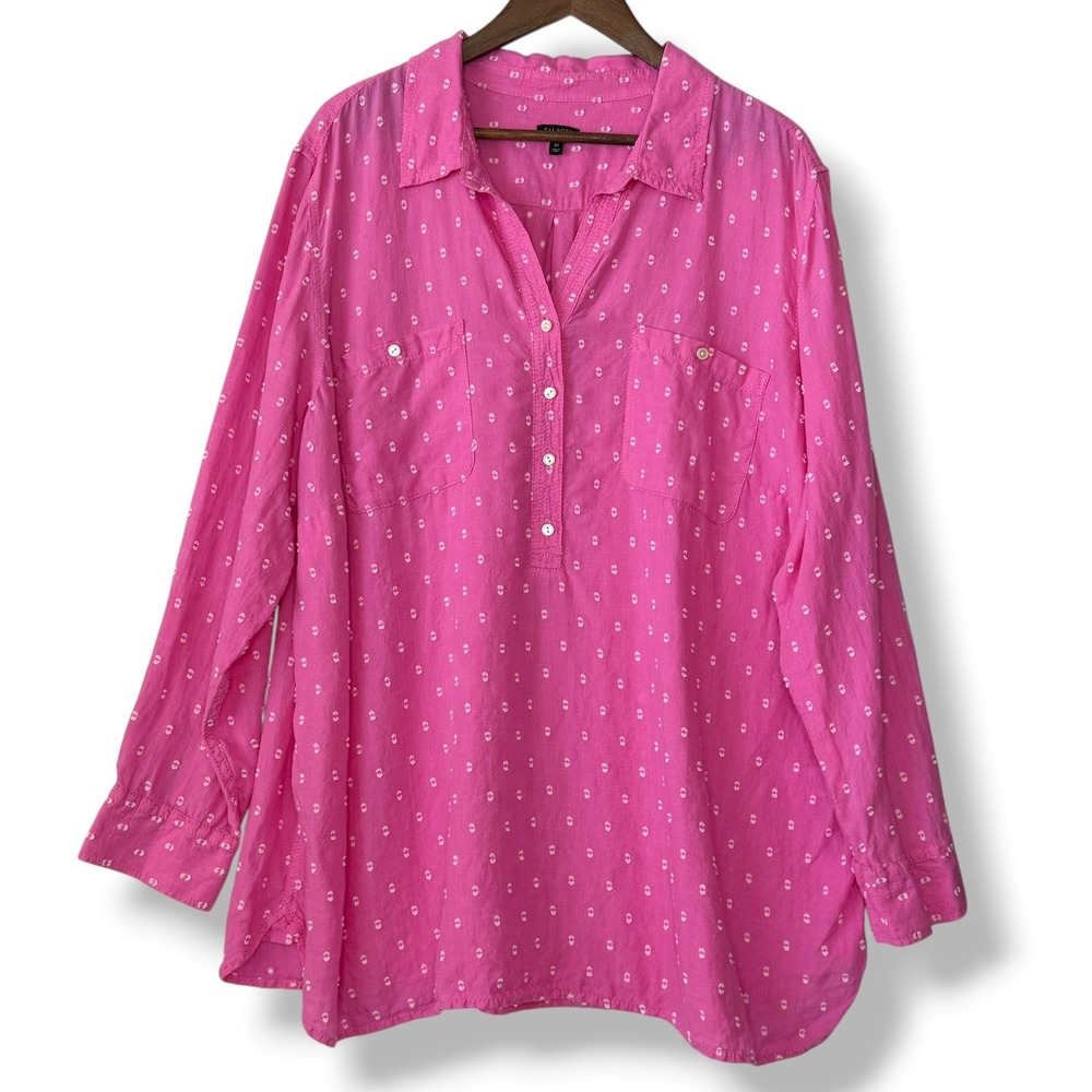 Talbots Tunic Blouse 3X Pink Linen Cotton Dobby Dot Popover Plus Sustainable